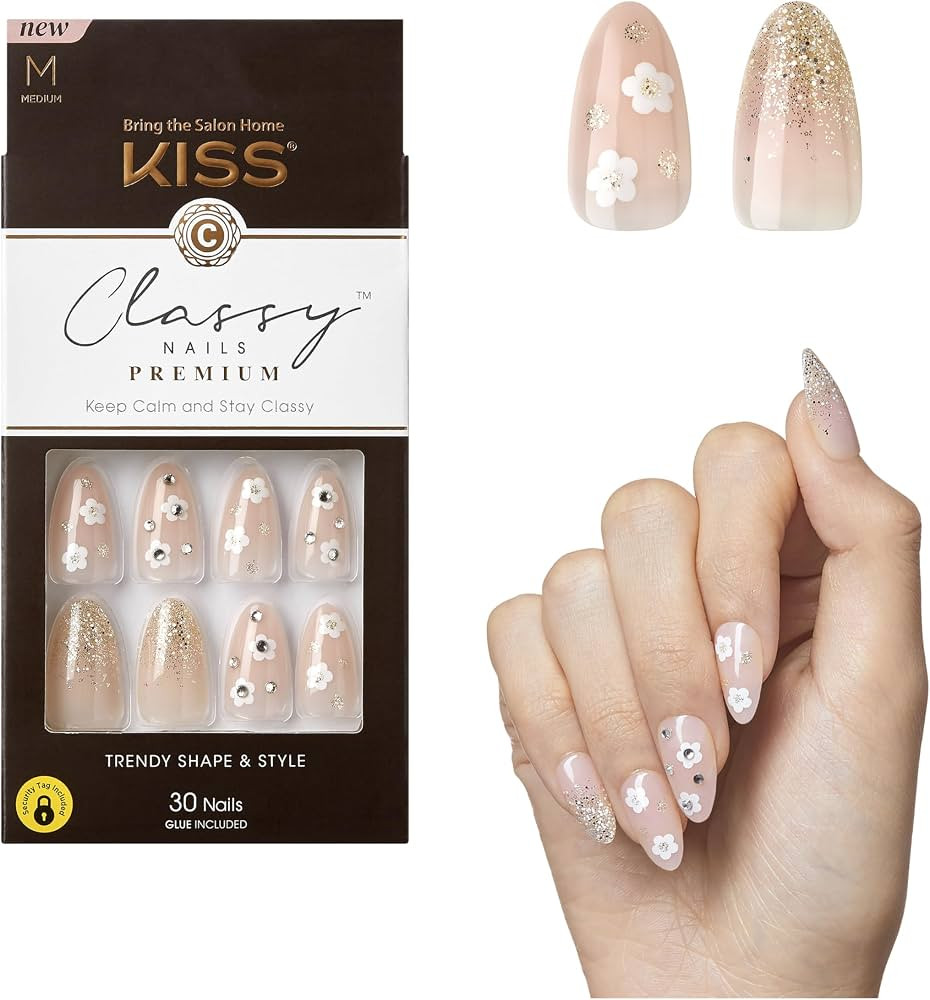KISS Classy, Press On Nails, Nail glue included, 'Gleamin', Pink, Medium Size, Almond Shape, Incl... | Amazon (US)
