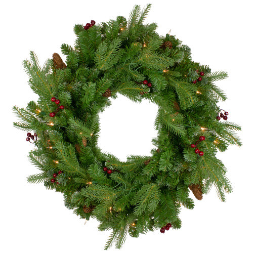 Real Touch™️ Pre-Lit Mixed Winter Berry Pine Artificial Christmas Wreath - 24" - Clear Lights | Christmas Central