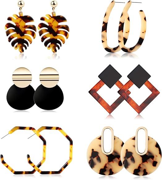 6Pairs Acrylic Hoop Earrings for Women Girls Mottled Drop Stud Earrings Statement Resin Earrings ... | Amazon (US)