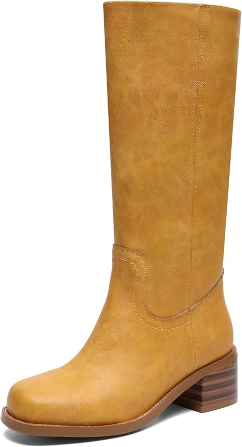Women's Knee High Boots Square Toe Chunky Block Heel Long Boots for Women Comfortable Slip on Low... | Amazon (US)