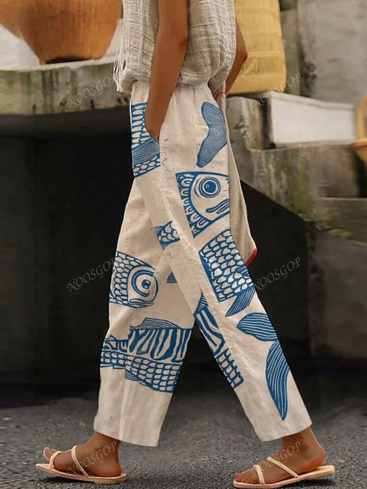 Conjunto de ropa de vacaciones bohemia para mujer: pantalones impresos al azar con elemento de pe... | SHEIN