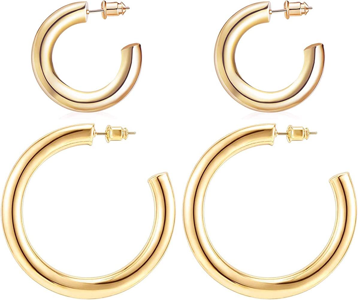 14K Gold Colored Lightweight Chunky Open Hoops | Gold Hoop Earrings for Women Silver Post Hypoall... | Amazon (US)