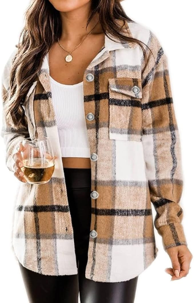 PIZOFF Womens Plaid Shacket Wool Blend Button Down Long Sleeve Pocketed Oversized Shirt Jacket | Amazon (US)