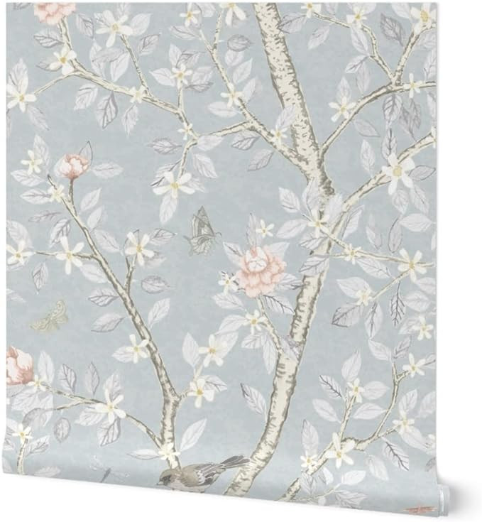 Spoonflower Peel & Stick Wallpaper Swatch - French Chinoiserie Soft Blue Grey Songbirds Delicate ... | Amazon (US)