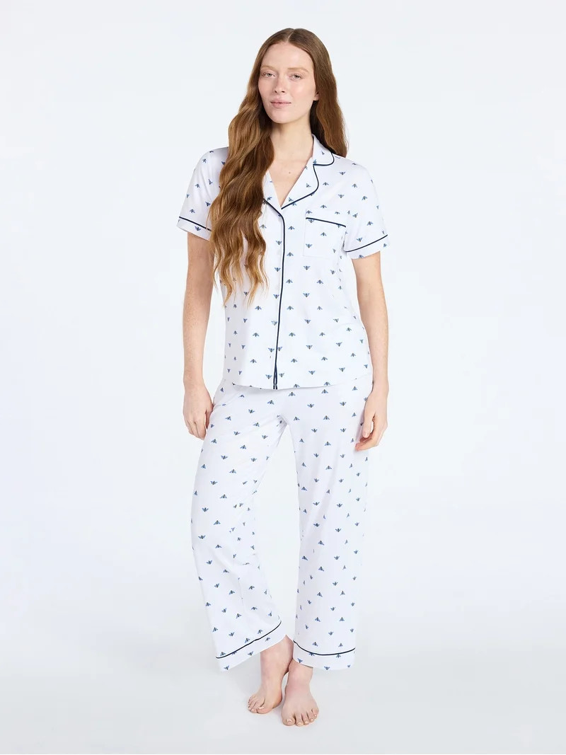 Joyspun Women's Dreamy Soft Collection Notch Collar Top and Capri Pants Pajama Set, 2-Piece, Size... | Walmart (US)