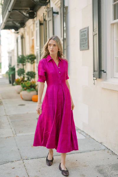 The JA Shirt Dress Dupioni - Magenta | Julia Amory