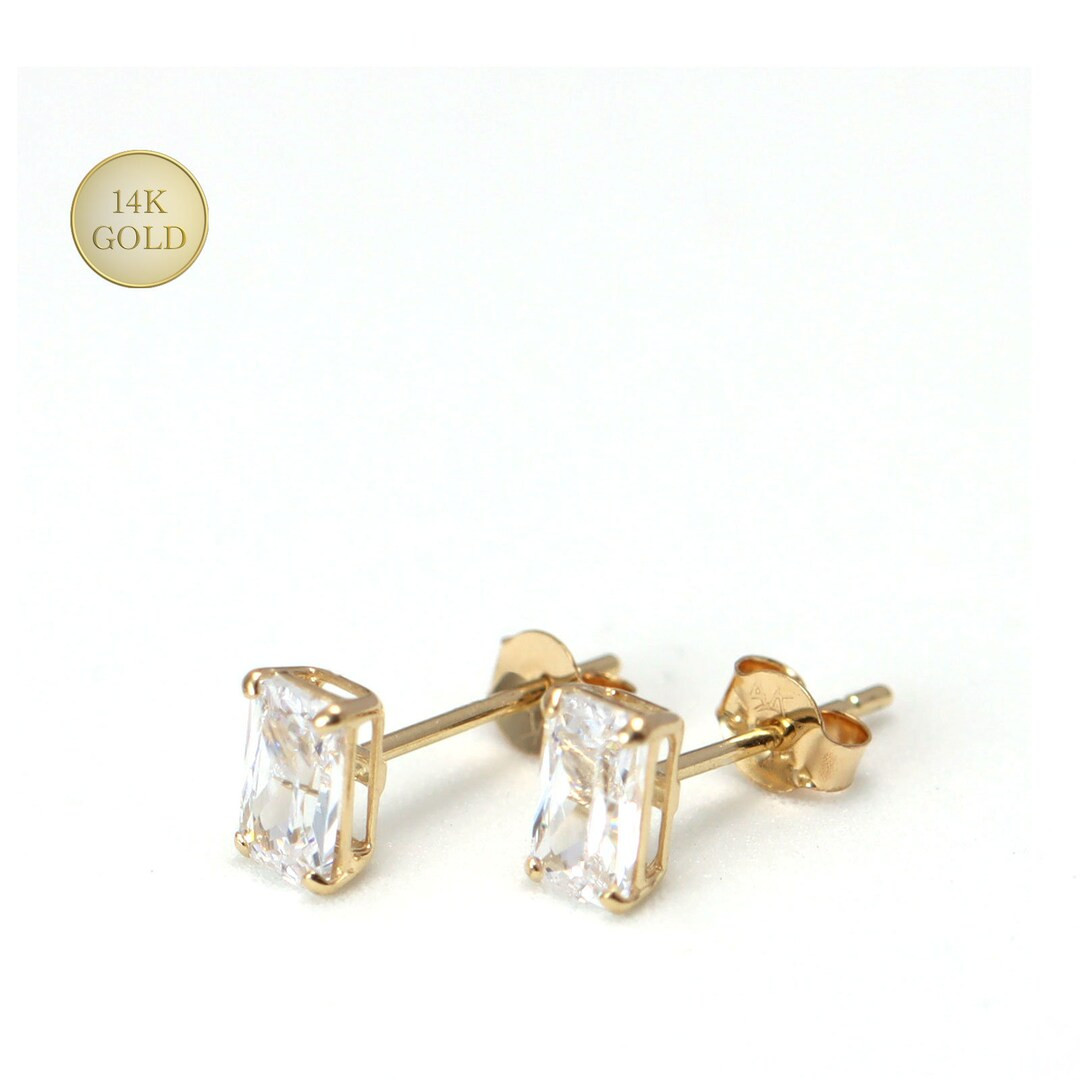 14K Solid Gold Clear CZ Baguette Cut Basket Set Stud Earrings 5x3mm, Dainty CZ Rectangular Stud E... | Etsy (US)