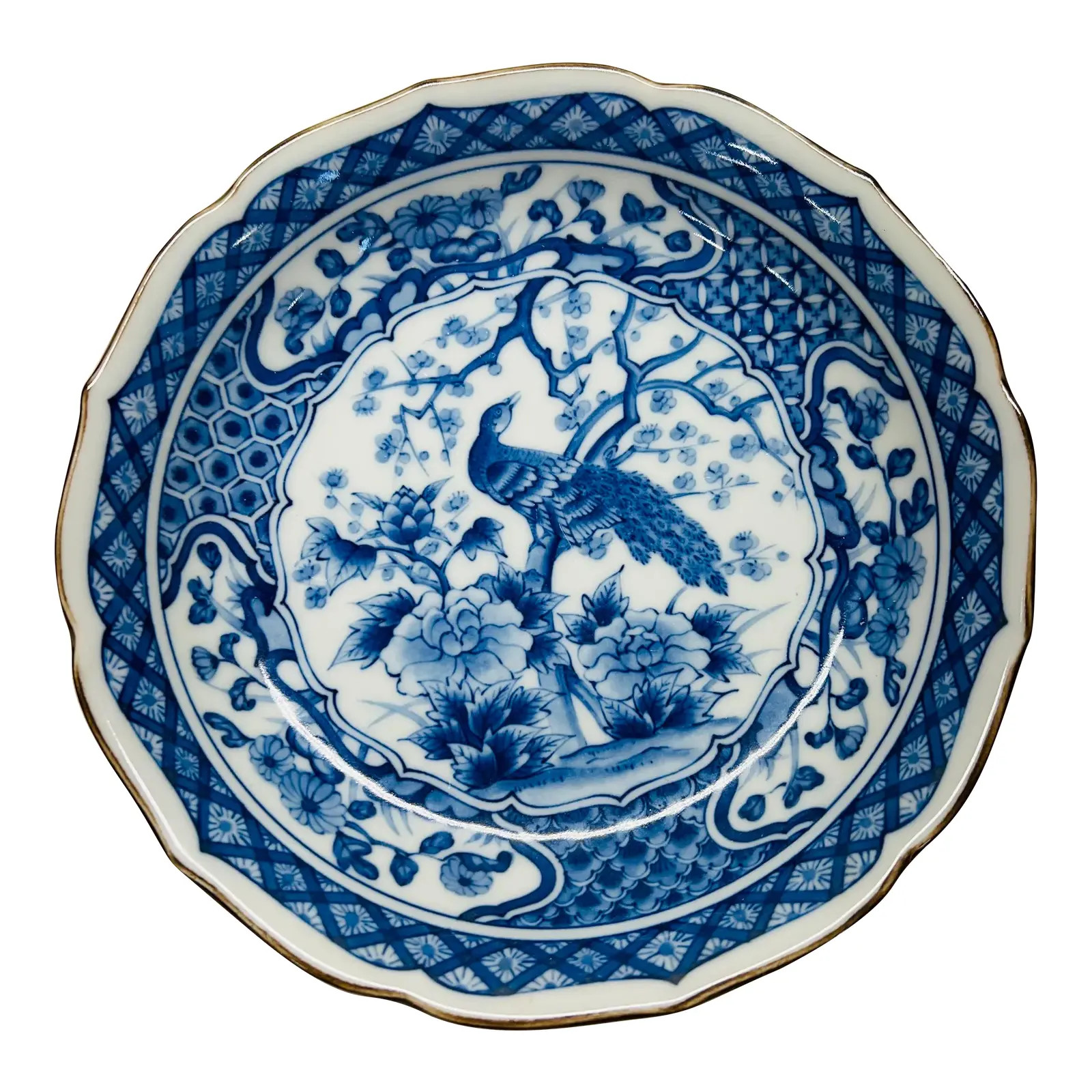 Andrea by Sadek Blue and White Peacock Design Bowl | Chairish