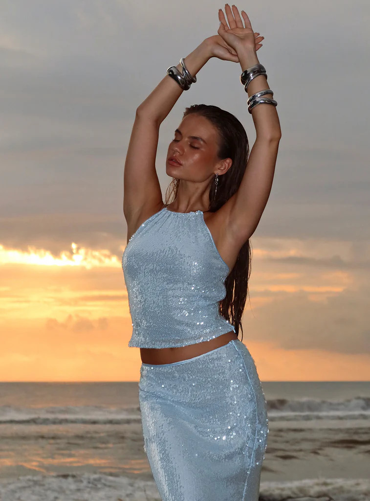 Emalia Halter Sheer Sequin Top Blue | Princess Polly US