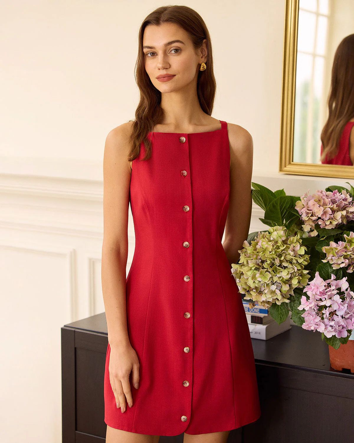 The Red Boat Neck Button Mini Dress & Reviews - Beige - Dresses | RIHOAS | rihoas.com