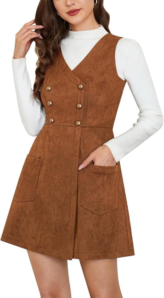 Belle Poque Women’s Vintage Faux Suede A-Line Pinafore Overall Dress with Pockets V Neck Elasti... | Amazon (US)