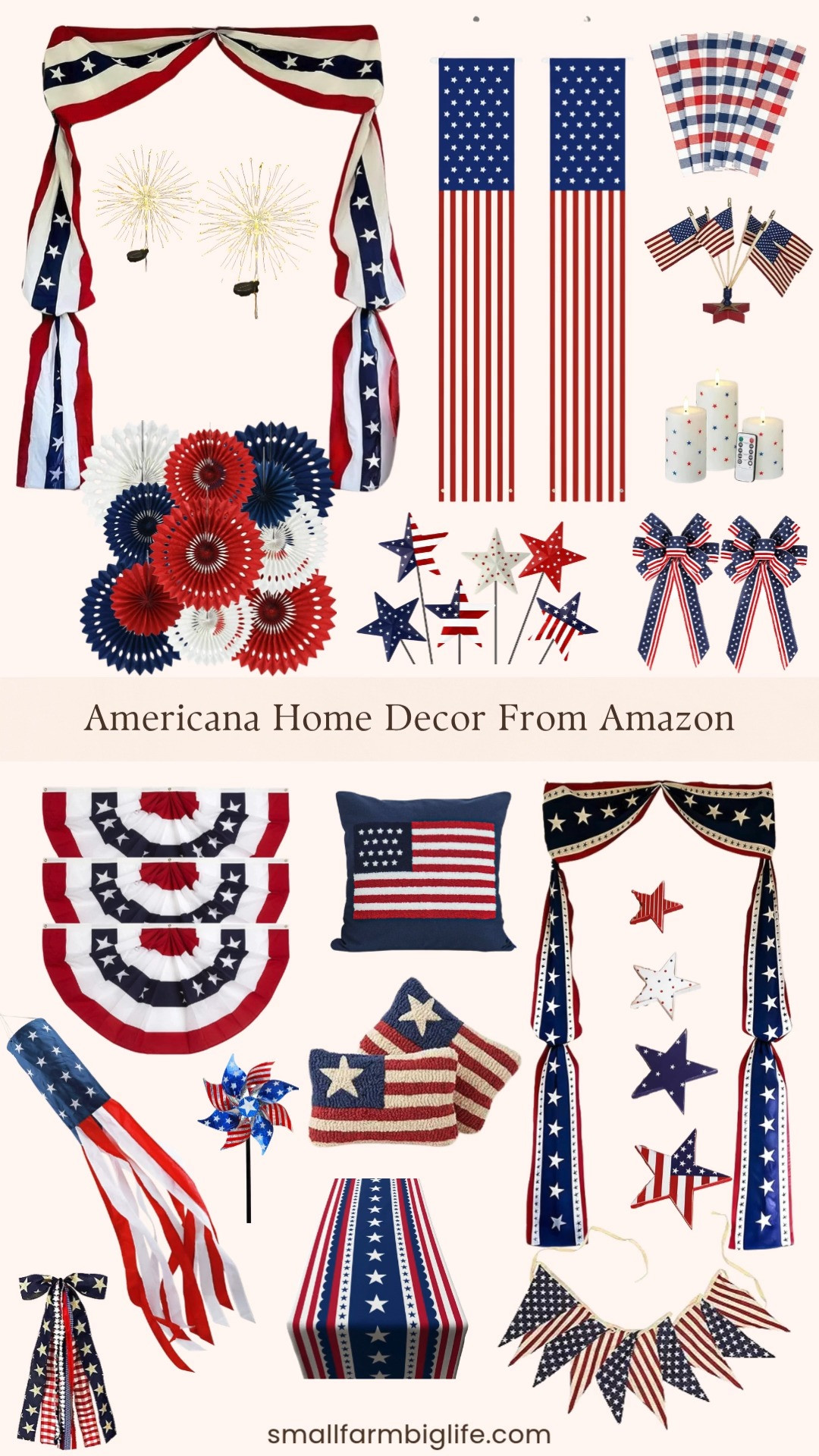 Fourth of July decorating is so much fun and Amazon has everything you need to make your home feel festive. The patriotic bunting, hanging honeycomb fans, and American flag banners are perfect for a porch or party setup, and the red, white, and blue throw pillows and table runner bring that classic Americana look indoors. I love the vintage star shaped wood blocks and patriotic pillar candles for simple mantel or table styling, and the metal yard stars and windsock add such a charming touch outside. The kitchen towels and reflective pinwheels are great little finishing touches too. Tap to shop! 

 #LTKSeasonal #LTKHome