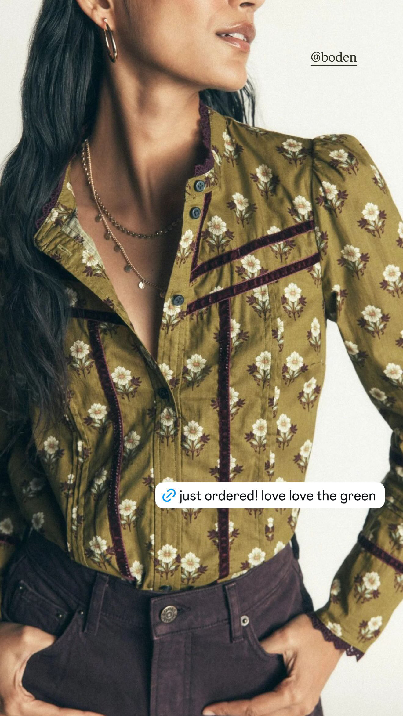 just ordered this and i LOVE the green. the tiny floral print + velvet trim make it feel so special, but it’s still such an easy top to wear with denim or brown trousers. one of those pieces that instantly makes a simple fall outfit feel more interesting. 

 #LTKSeasonal