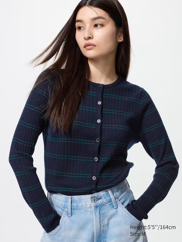 Cardigan 100% Merino a Coste Girocollo Taglio Corto a Righe | Uniqlo IT