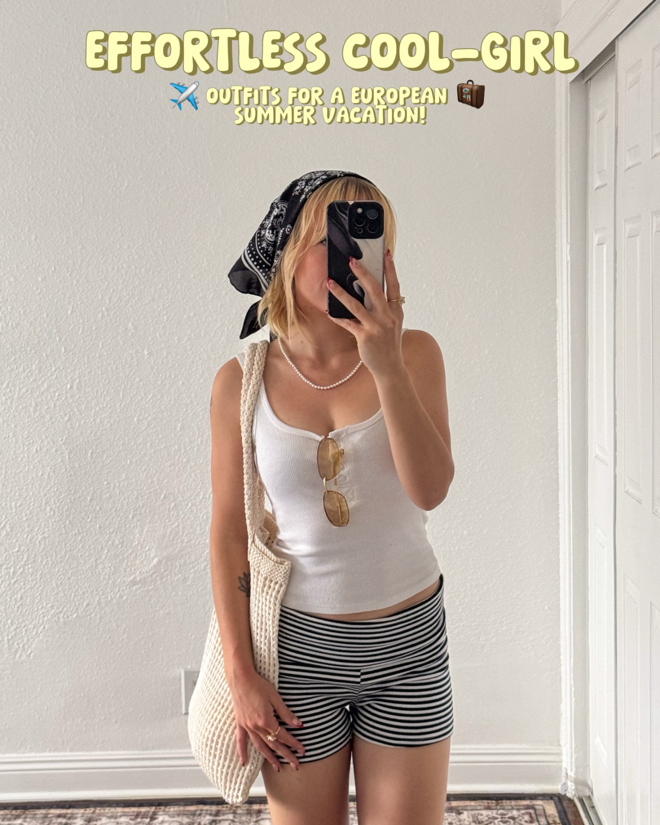 hi guys! here are some outfits i think would be so cute to wear for a vacation in europe this summer! 🤍 outfit 1: - graphic tee, vintage wash baggy jeans, sneakers, hair scarf, crochet tote bag outfit 2:  - cream ruffle tank top, gray wash jorts, cherry print socks, platform sandals, crochet tote bag, hair scarf outfit 3: - white henley tank top, striped fold over shorts, sneakers, crochet tote bag, hair scarf #vacationmode #outfitideas #europeansummeroutfits #europeansummer

#LTKootd #LTKTravel #LTKSeasonal