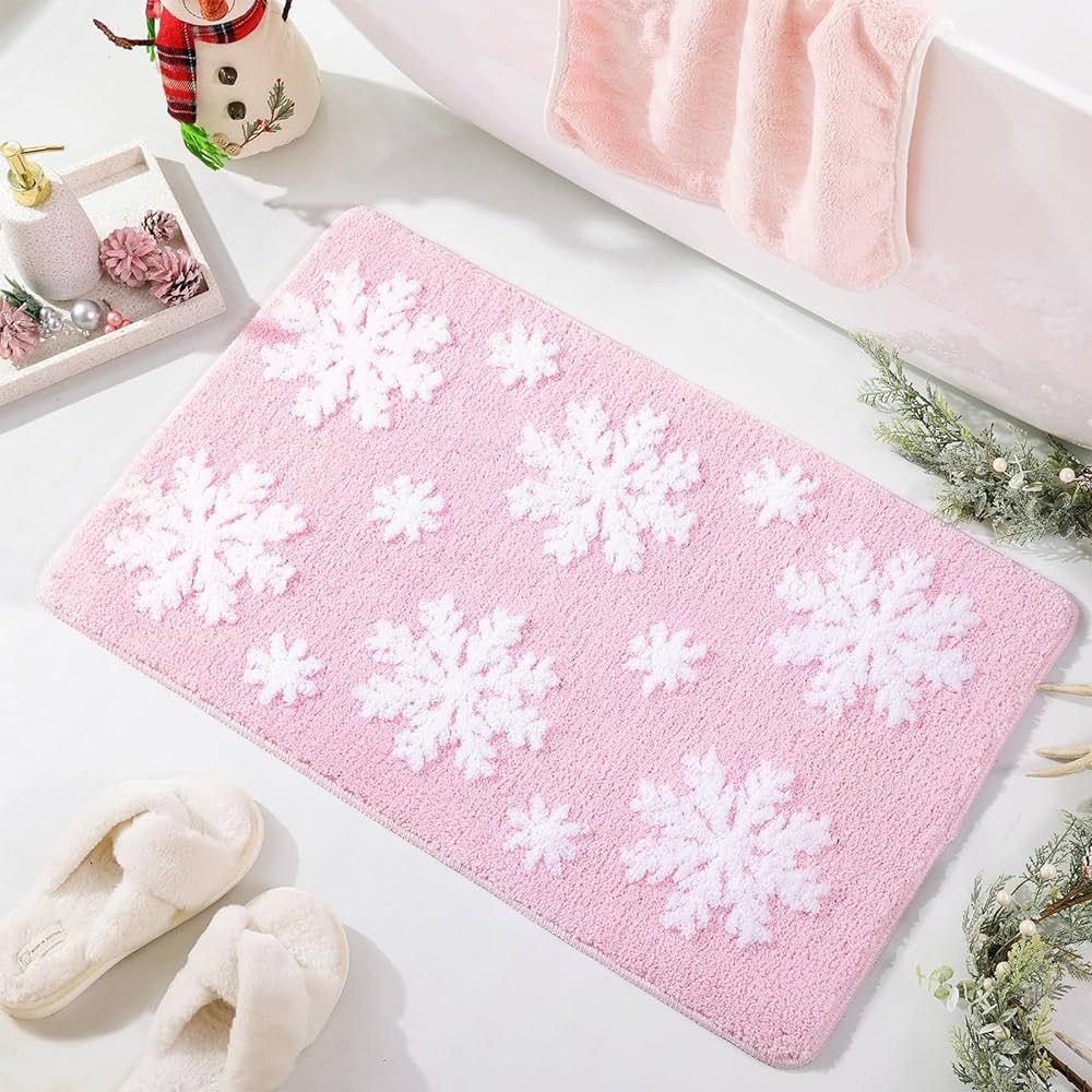 TRUEDAYS Pink Snowflake Bath Mat for Christmas Holiday Decor - Cute Absorbent Washable Bathroom R... | Amazon (US)