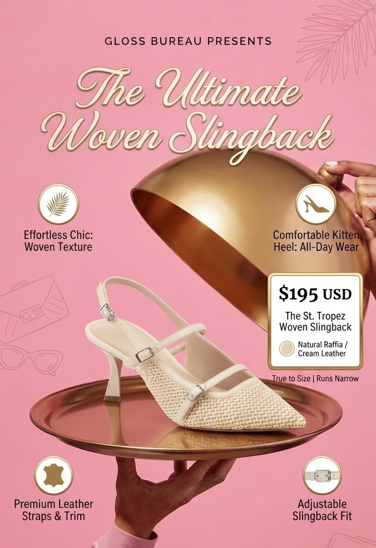 Darlings, the wait is over! We are absolutely obsessed with this season’s must-have footwear: The St. Tropez Woven Slingback.
This exquisite heel perfectly blends a timeless raffia texture with luxurious cream leather trim. Whether you're dressing up for a summer soirée or elevating your everyday office look, this shoe delivers effortless style with an incredibly comfortable kitten heel. It’s the sophisticated silhouette your wardrobe has been craving.