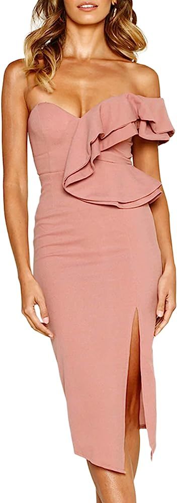 Women's Dresses Sexy Ruffle One Shoulder Sleeveless Split Bodycon Midi Party Dress | Amazon (US)