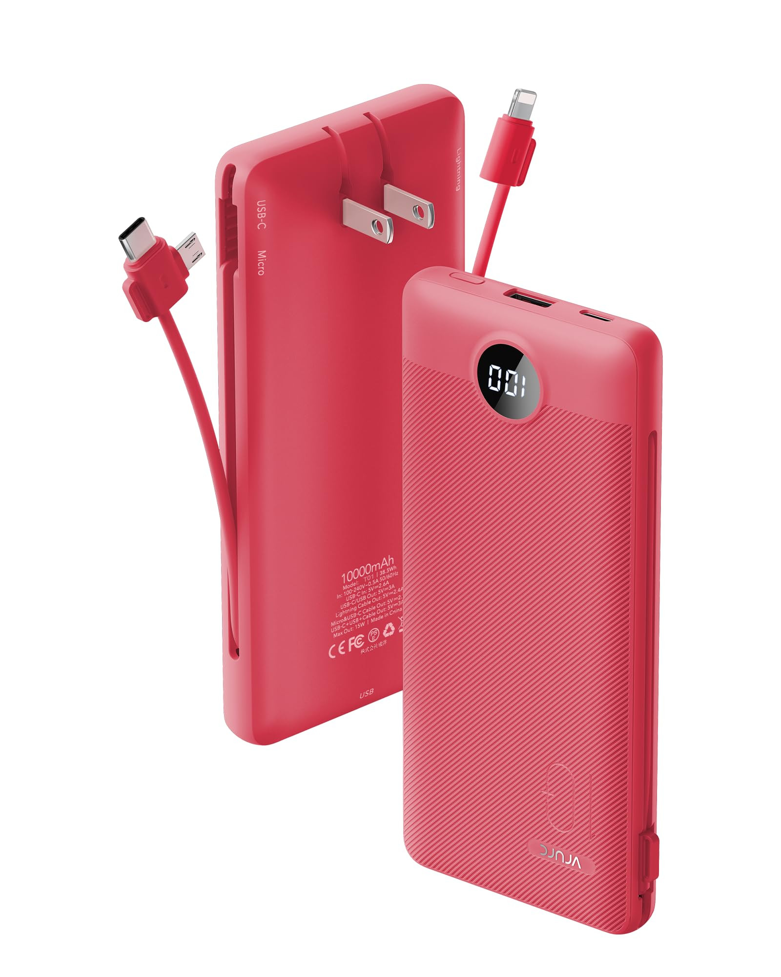 VRURC Portable Charger Built-in Cables and AC Wall Plug, USB C Power Bank 10000mAh, Travel Batter... | Amazon (US)