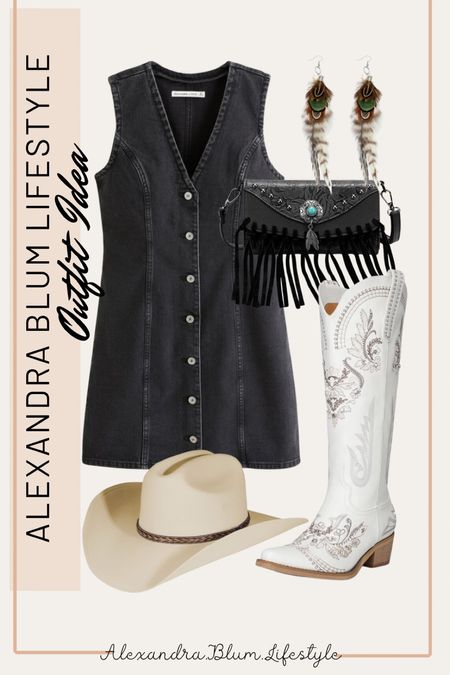 Denim button up dress from Abercrombie perfect for spring outfits! Western country concert outfit idea! White knee high boots, western style hat, black fringe crossbody purse, and feather earrings! 

#LTKparties #LTKfindsunder100 #LTKfindsunder50