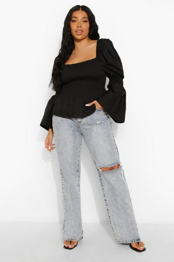 Plus Cotton Shirred Puff Sleeve Peplum Top | Boohoo.com (US & CA)