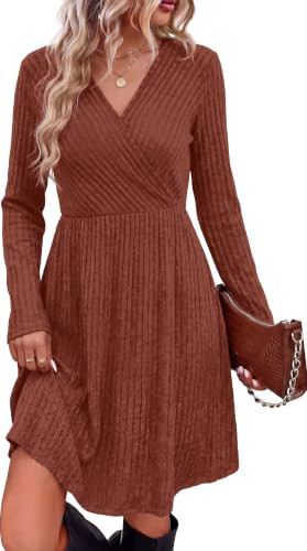 WIH0LL Womens Fall Dresses 2026 Long Sleeve Wrap Sweater Dress with Pockets | Amazon (US)