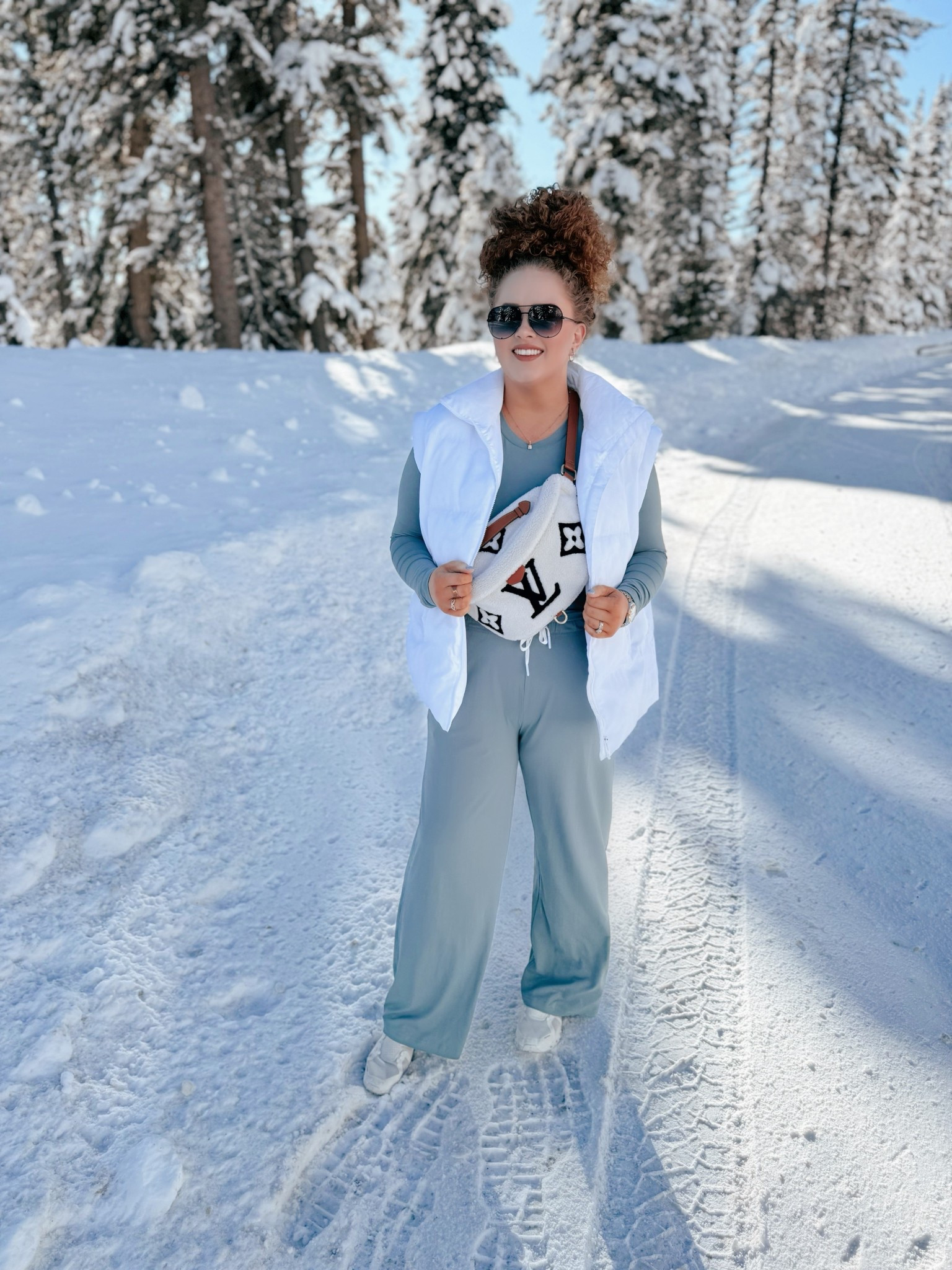 Snowy vibes and cozy days ❄️ Can’t get enough of this winter mood ☃️✨ blue two-piece set | Amazon winter outfit | white puffer vest | snow day outfit | casual winter look | cozy winter outfit | On Cloud sneakers | Amazon aviators | Amazon fashion | winter layering | snow photoshoot outfit | winter athleisure | two-piece lounge set | snow day style | winter outfit | winter outfit inspo | winter look 

#LTKgrwm #LTKMidsize #LTKSaleAlert
