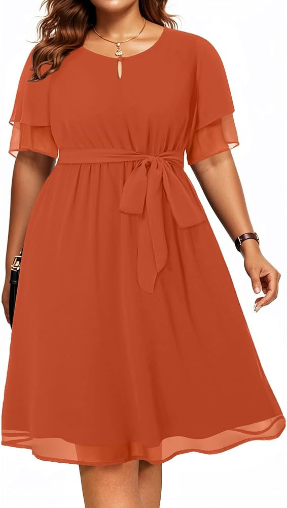 Pinup Fashion Plus Size Dresses for Wedding Guest - Semi Formal Cocktail Chiffon Keyhole Neck Kne... | Amazon (US)
