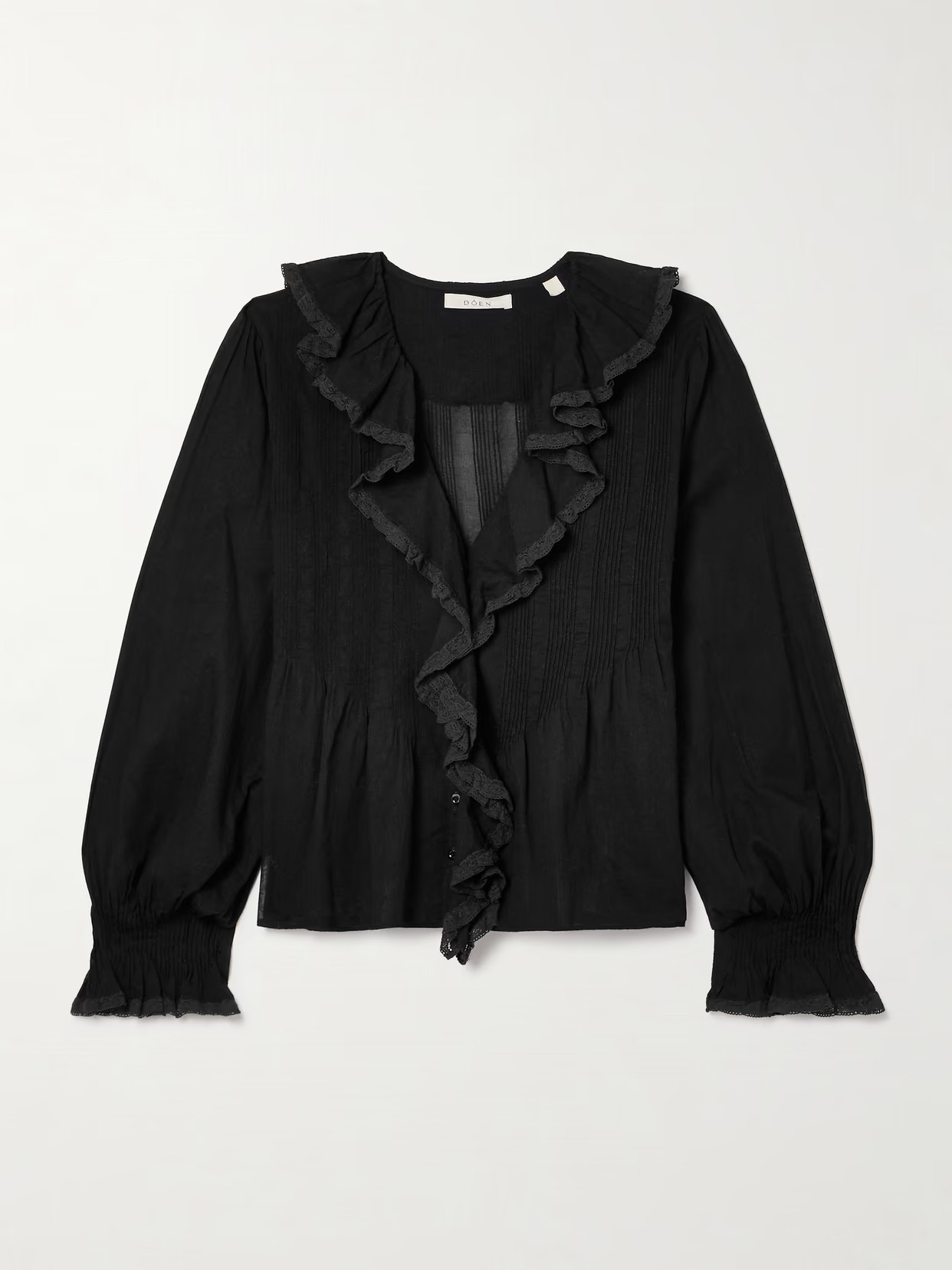 DÔEN - Hardy Lace-trimmed Ruffled Pintucked Organic Cotton-voile Blouse - Black | NET-A-PORTER (US)