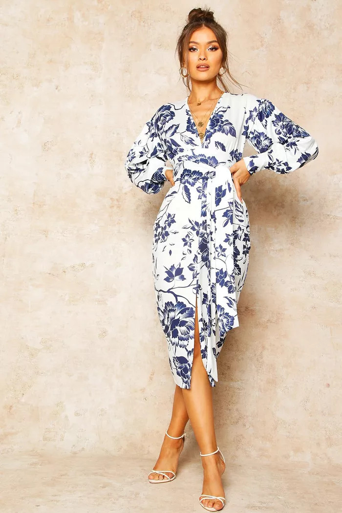 Floral Print Plunge Tie Waist Midi Dress | Boohoo.com (US & CA)