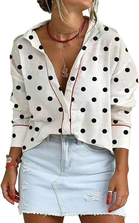 Melliflo Women's Fashion Polka Dot Contrast Trim Blouse Lapel V Neck Long Sleeve Shirts Casual Lo... | Amazon (US)