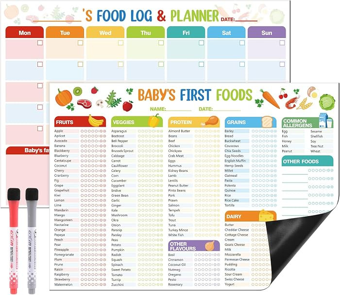 2 Pack Baby First Foods Checklist, 14x10"Baby Food Chart with 2 Dry Erase Markers, Magnetic Baby'... | Amazon (US)
