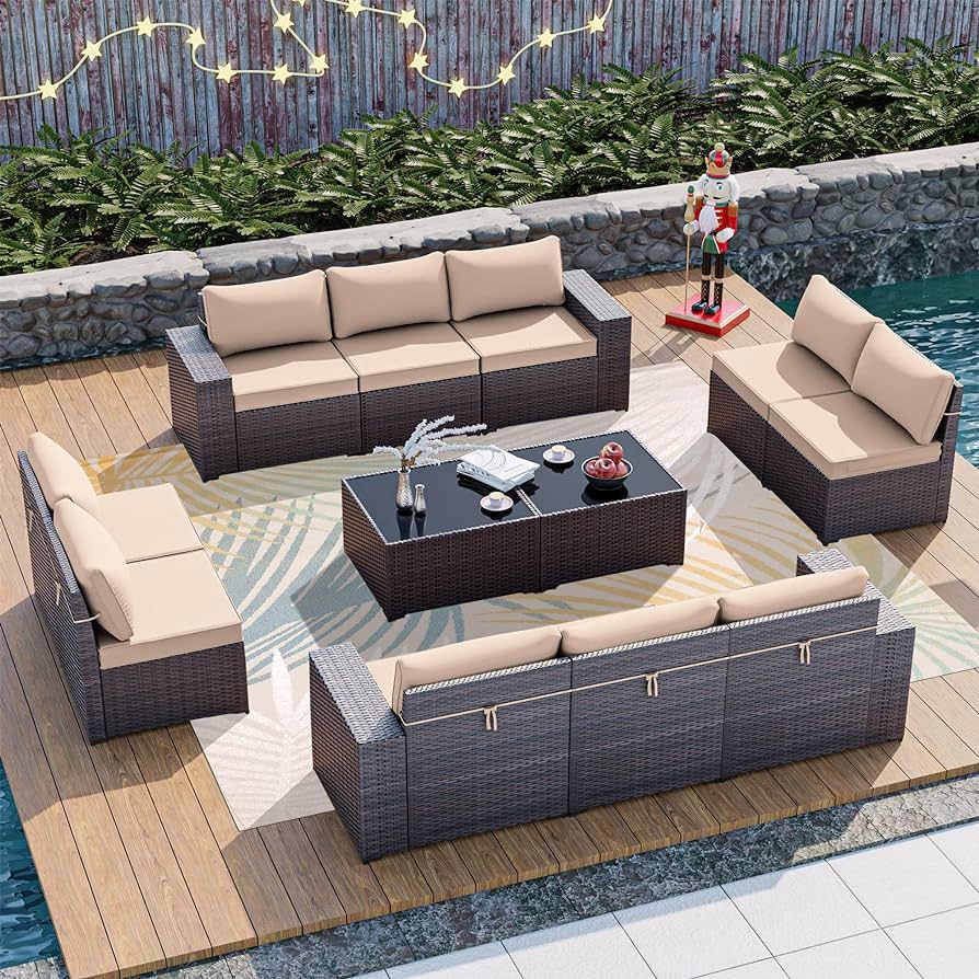 ALAULM 12 Pieces Outdoor Patio Furniture Set Sectional Sofa Sets Brown PE Rattan Patio Conversati... | Amazon (US)