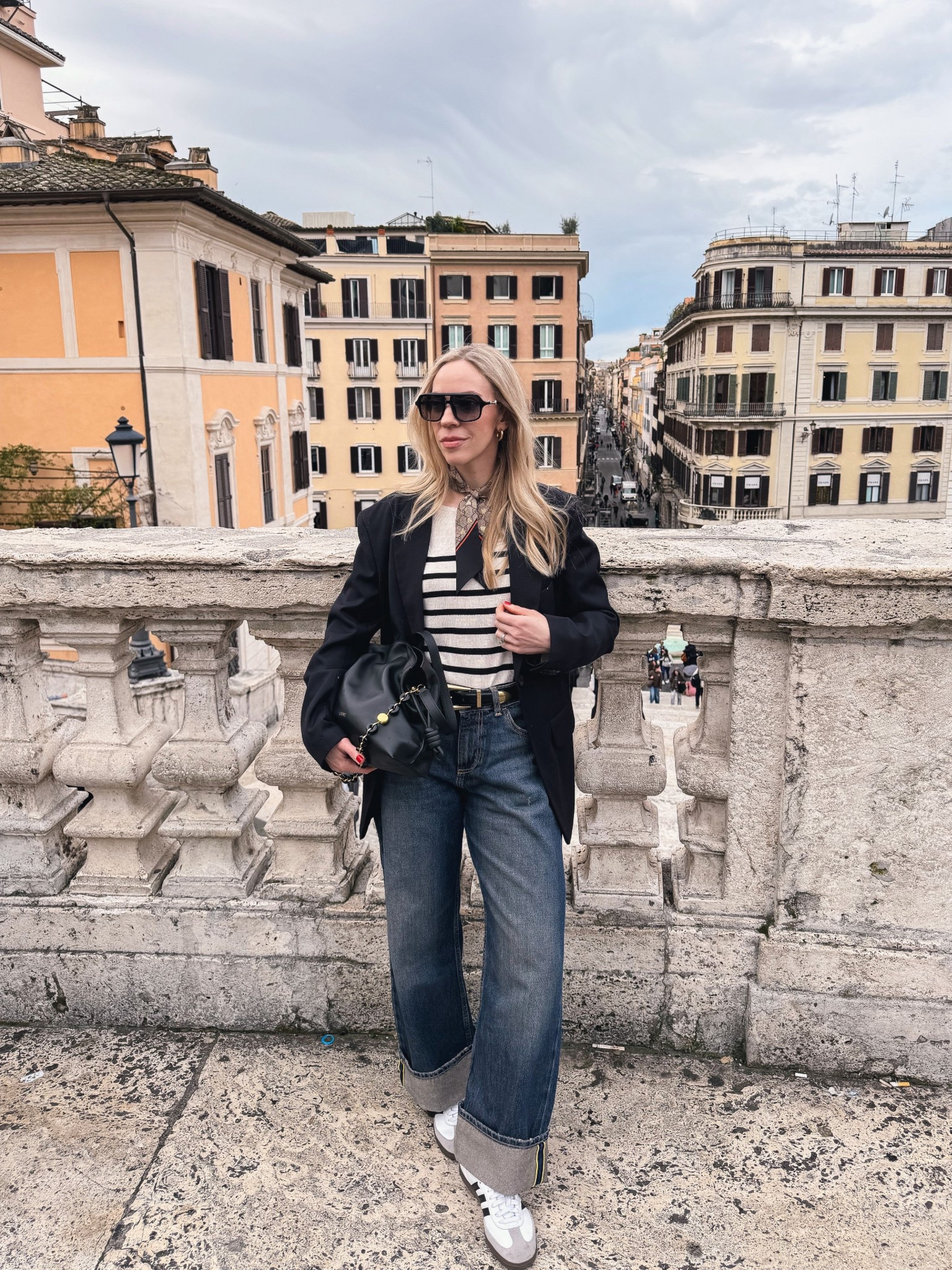 Travel outfit, spring outfits 2026, oversized black blazer, silk scarf, striped tee, @Zara cuffed baggy jeans, Adidas Samba sneakers 

#LTKSeasonal #LTKTravel #LTKSaleAlert