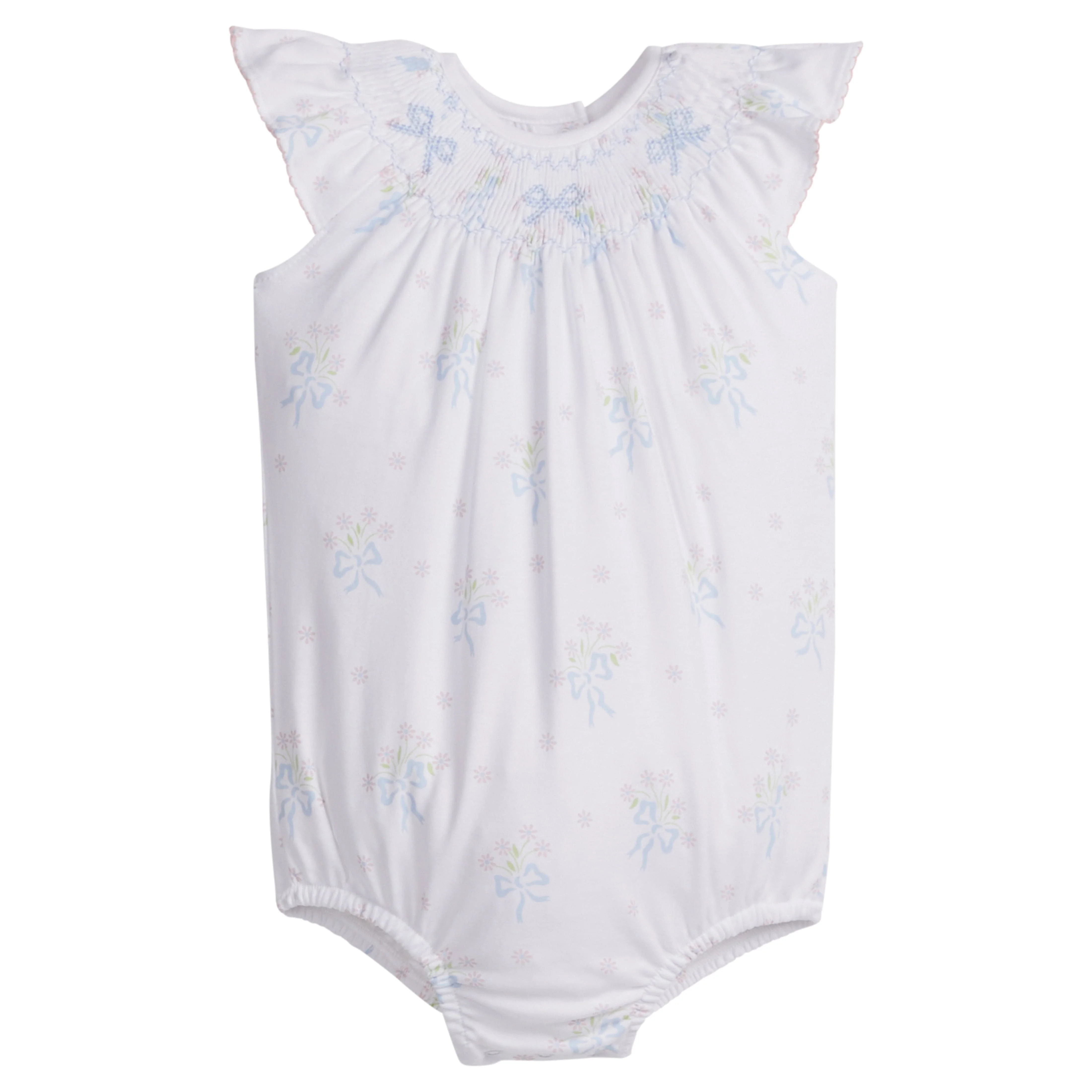Girls Smocked Bishop Bubble Romper in Blue Bow Bouquet | Little English