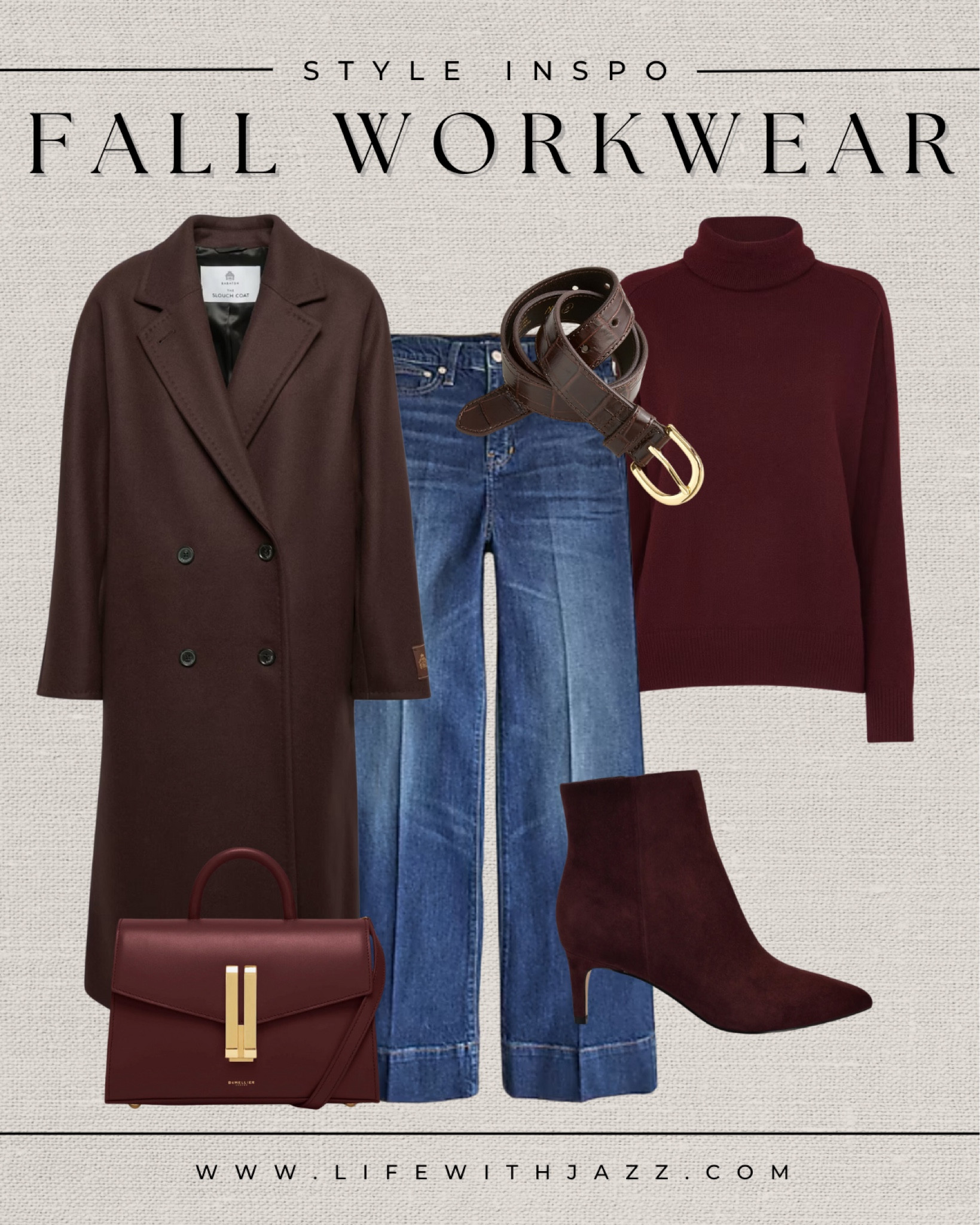 Style inspo: fall workwear with a pop of burgundy 

Fall workwear / fall style / fall fashion / office outfit / chocolate brown coat / burgundy turtleneck / dark blue wide leg jeans / demellier purse / brown belt / boots 

#LTKStyleTip #LTKWorkwear #LTKSeasonal