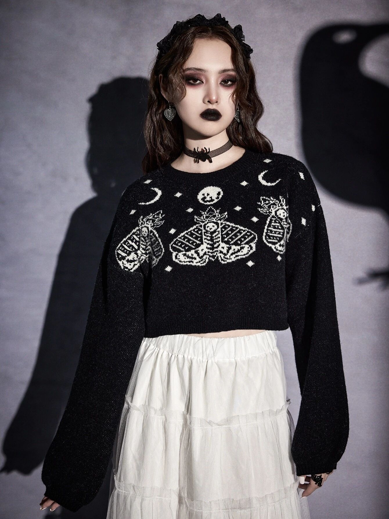 Goth Moth & Moon Pattern Drop Shoulder Sweater | SHEIN