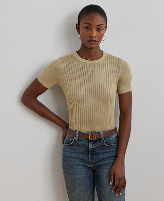 Lauren Ralph Lauren Women's Metallic Rib-Knit Short-Sleeve Sweater - Macy's | Macy's