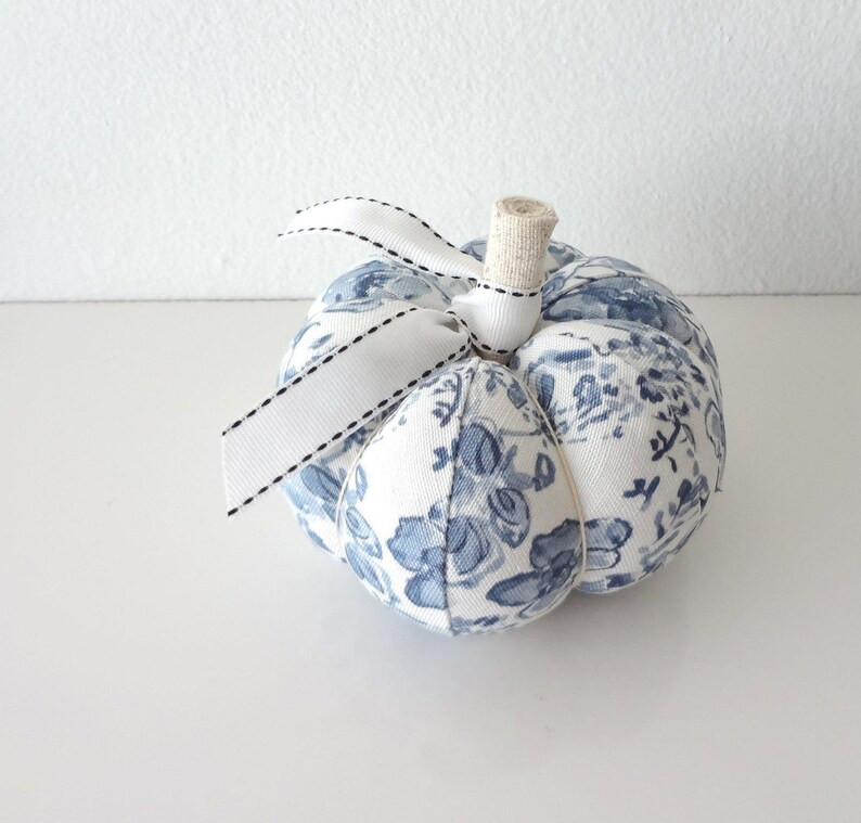 Blue and White Watercolor Floral Fabric Pumpkin Pincushion - Etsy | Etsy (US)
