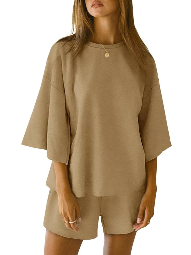 Tankaneo Womens Pajama Sets 3/4 Sleeve Oversized Tops and Elastic Waist Shorts Lounge Sets Lounge... | Amazon (US)