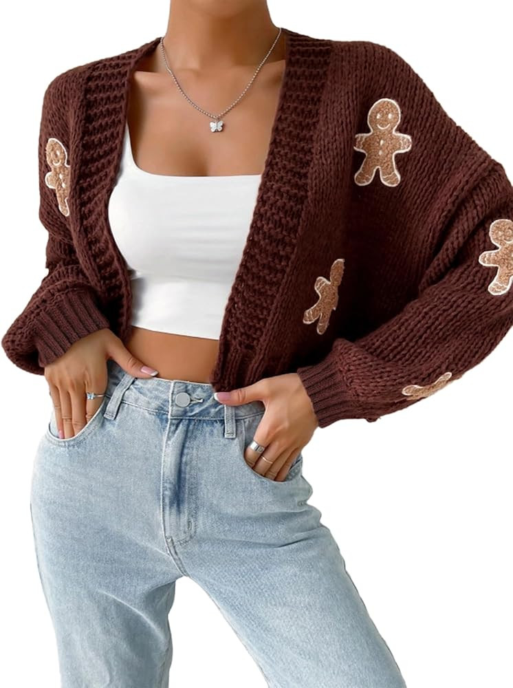 Women Gingerbread Man Knit Cardigan Chunky Cable Knit Sweater Open Front Shrug for Women | Amazon (US)