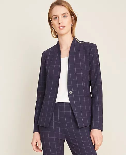 The Cutaway Blazer in Navy Windowpane Bi-Stretch | Ann Taylor | Ann Taylor (US)