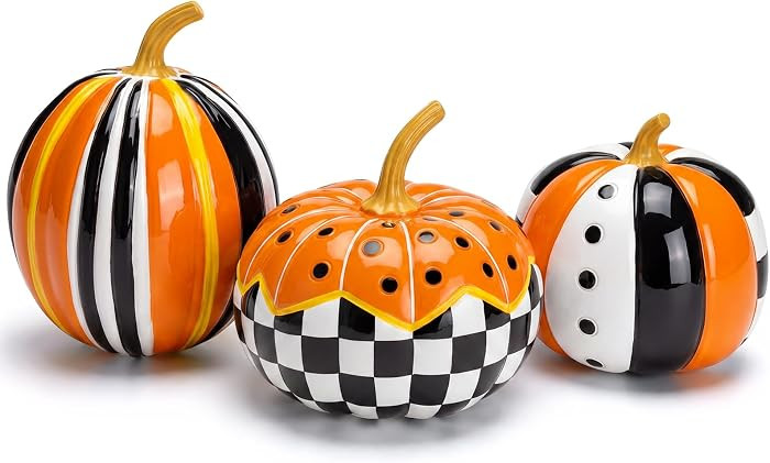 3 Pcs Fall Halloween Black and White Pumpkins Decor     Checkered Striped Orange Resin Pumpkin Ta... | Amazon (US)