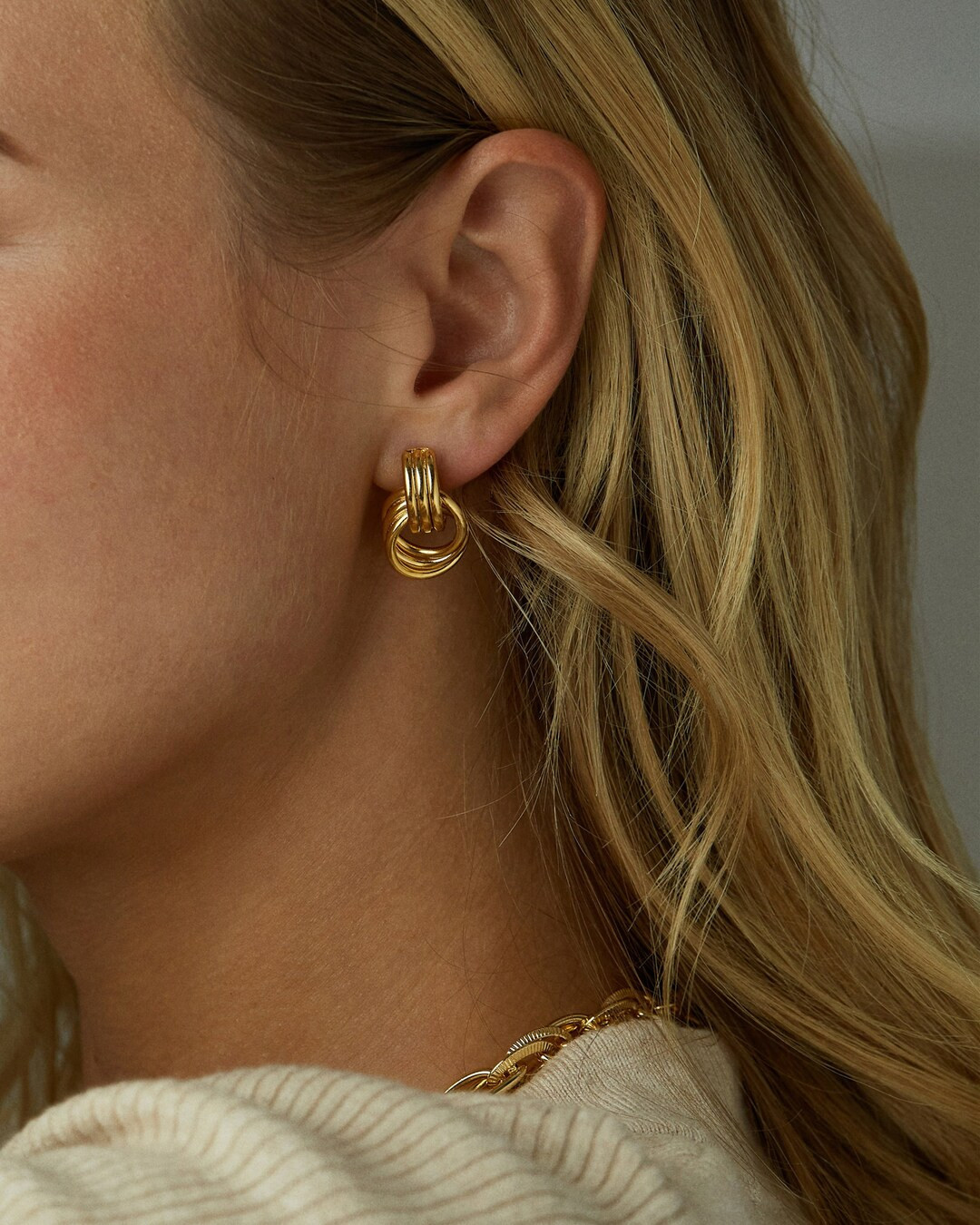 Love Knot Earrings Triple Knot Earrings Door Knocker Hoops Gold Door Knocker Linked Hoop Earrings... | Etsy (US)