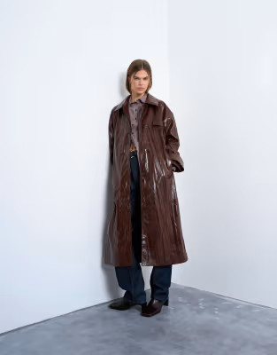 Topshop faux leather high shine washed trench coat in washed brown | ASOS | ASOS (Global)