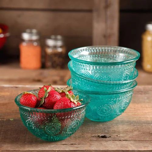 The Pioneer Woman Adeline 4-Piece 13-Ounce Embossed Glass Bowl Set, Teal | Walmart (US)