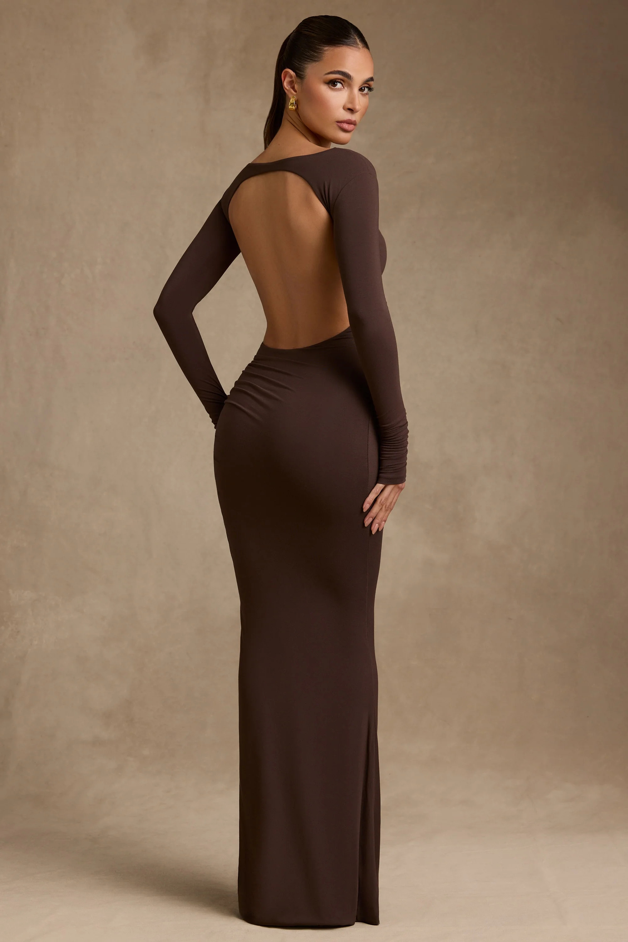 Modal Ruched Backless Maxi Dress in Chocolate Brown | Oh Polly