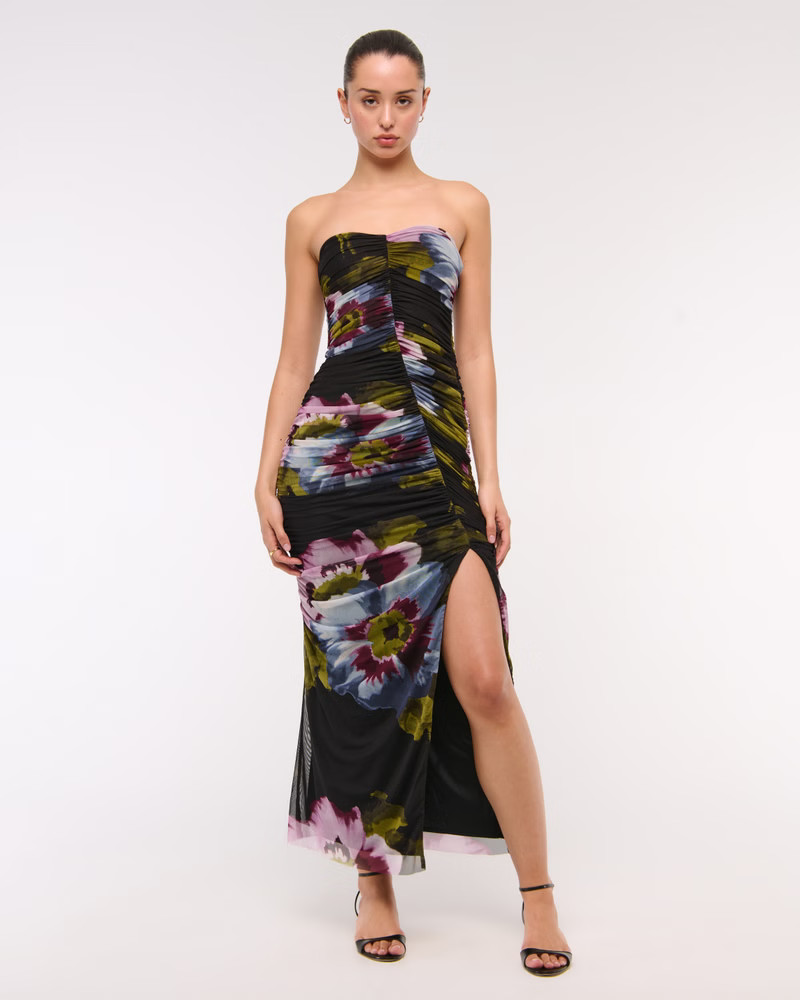 Strapless Ruched Mesh Maxi Dress | Abercrombie & Fitch (US)