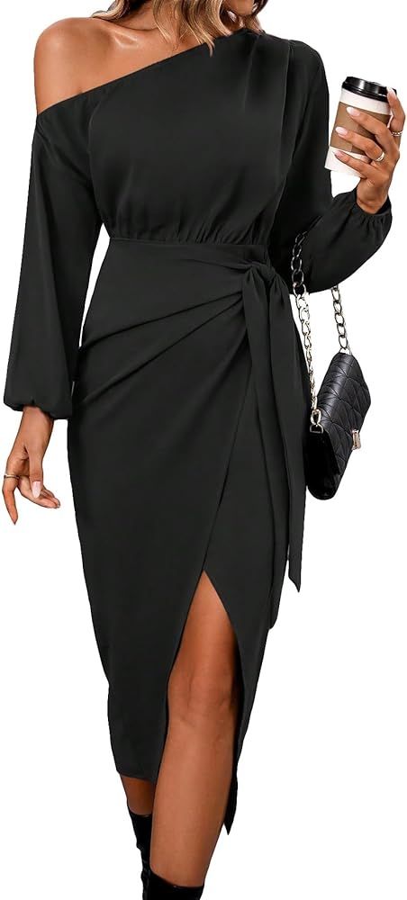 MakeMeChic Women's Elegant Asymmetrical Neck Long Sleeve Knot Side Wrap Hem High Waist Midi Dress | Amazon (US)
