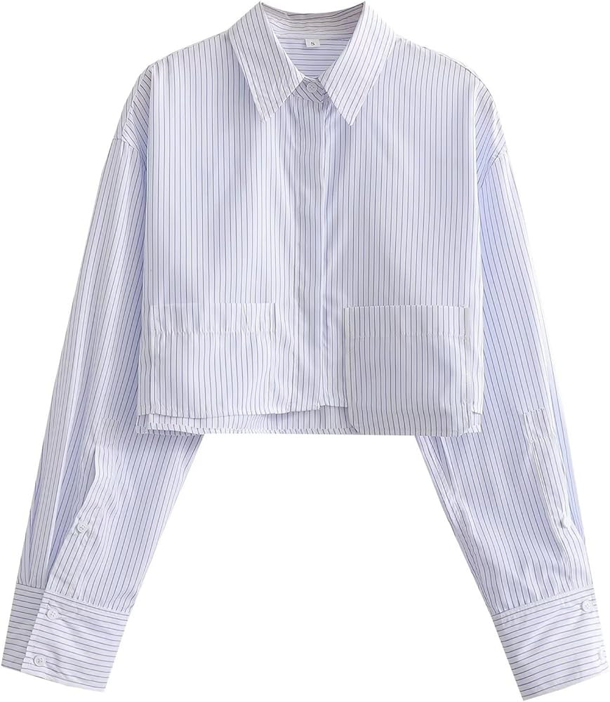 Pinstripe Button Down Shirts for Women Cropped Long Sleeve Summer Casual Blouse Work Top | Amazon (US)